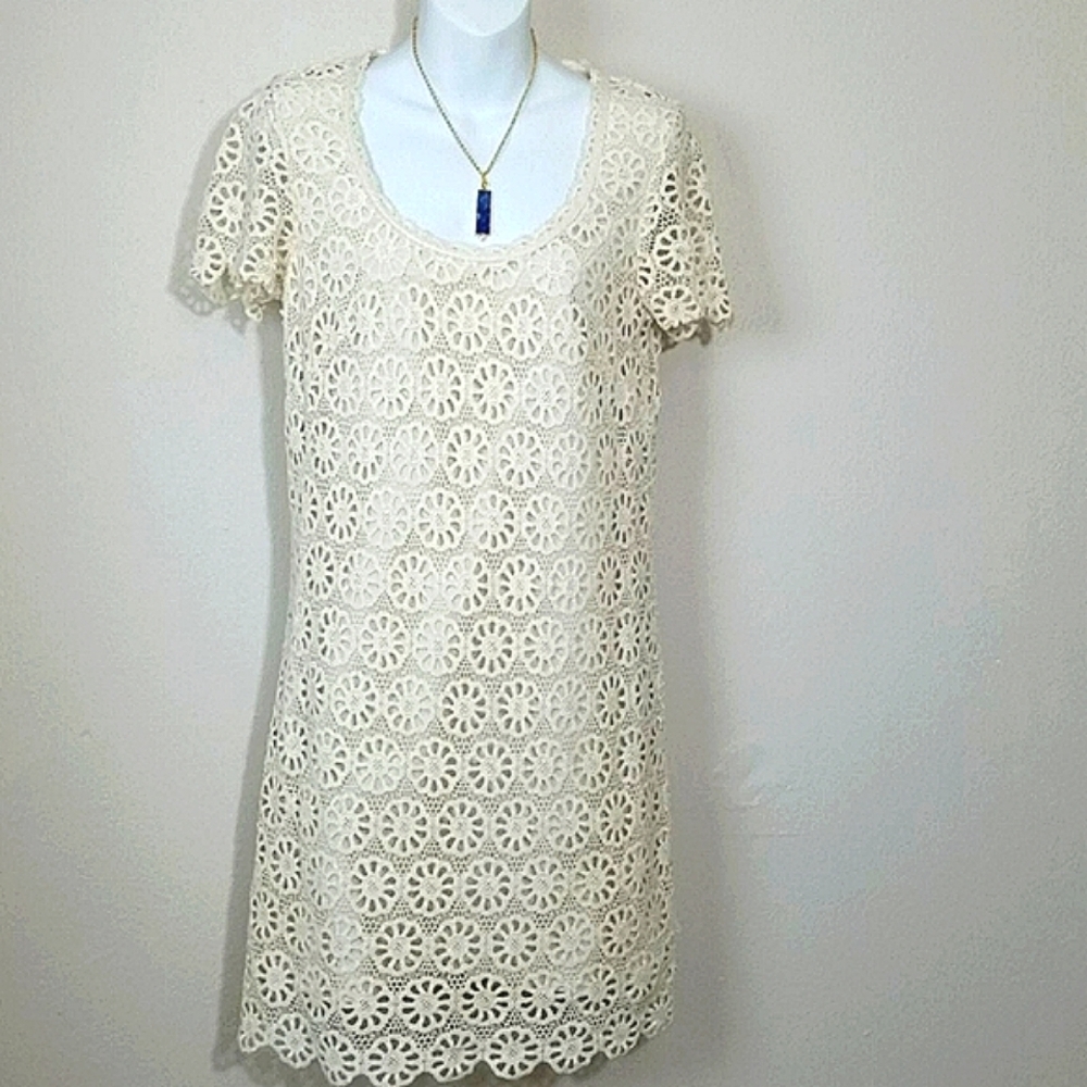 Column Dress Cream lace lined Sheath Midi short sleeve scalloped hem Milkmaid